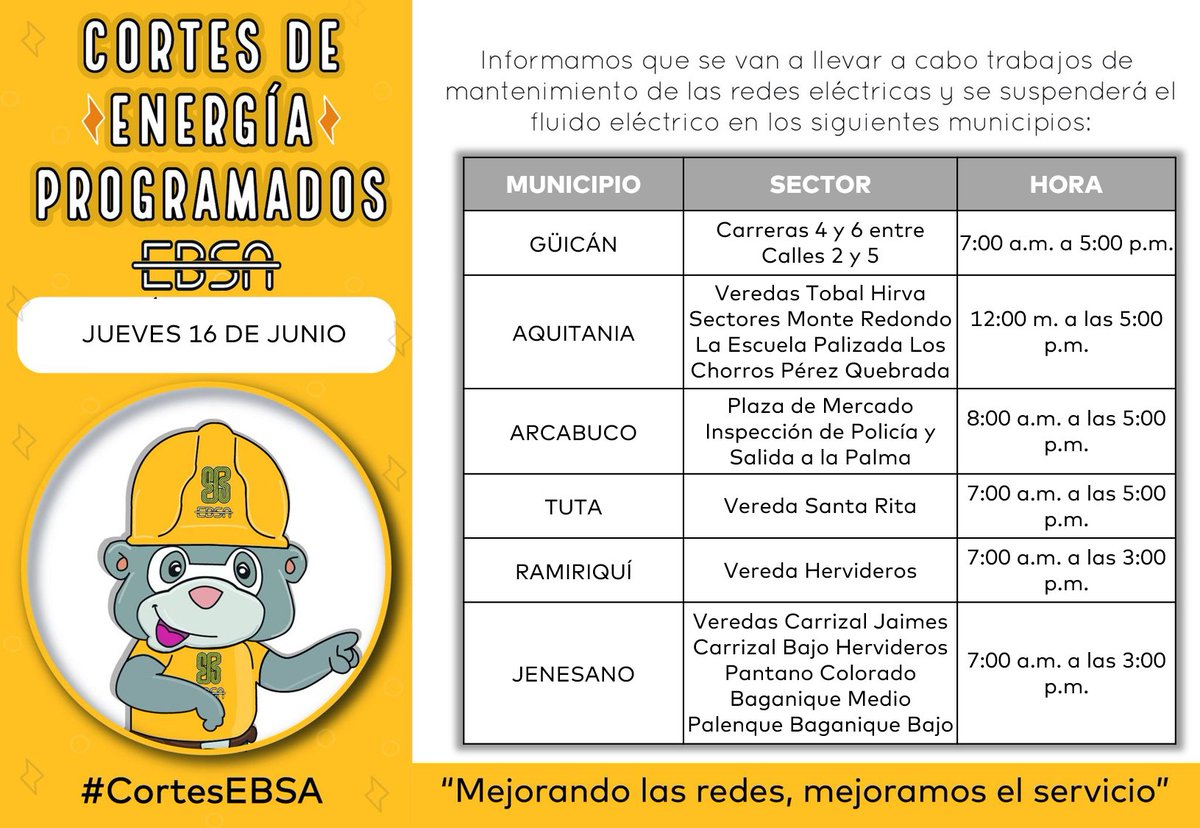 EBSApuraenergia's tweet photo. 🕯 #CortesEBSA ǁ Entérate de las suspensiones programadas por mantenimiento e instalación de redes #Jueves 16 de Junio prográmate 🔦Infórmate: https://t.co/lzUp4LT1FA https://t.co/yWFTJibC87