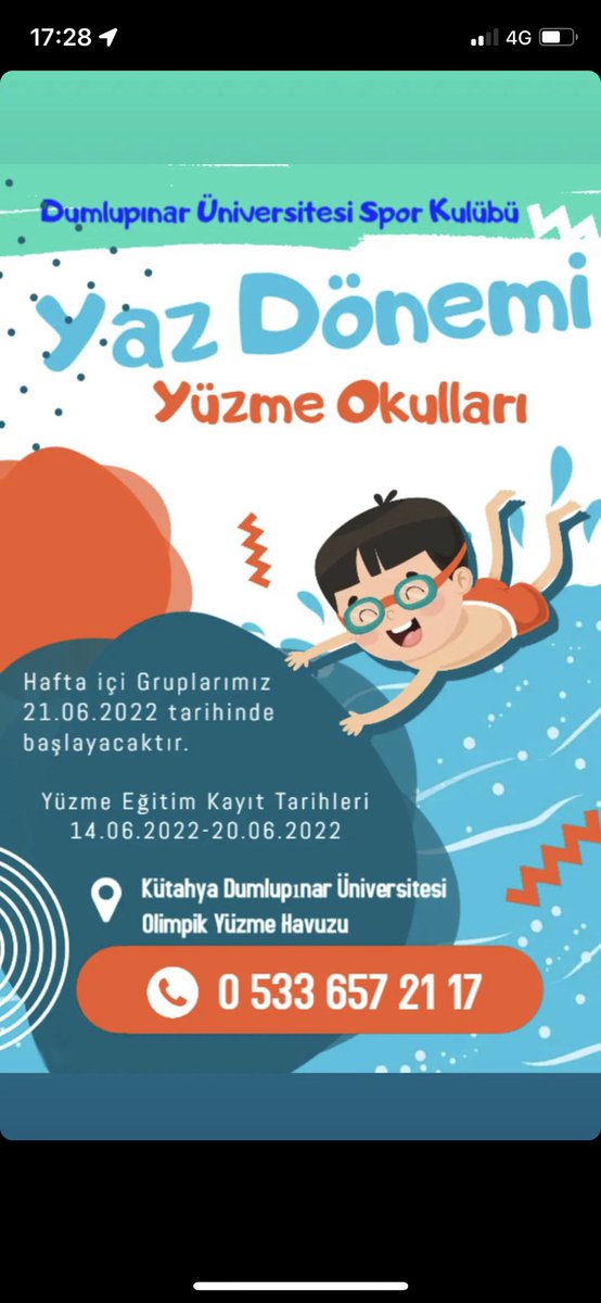 Yas dönemi yüzme okulları 21 Haziran 2022’de başlıyor. 14-20 Haziran 2022 tarihleri arasında kayıt yaptırmayı unutmayın.