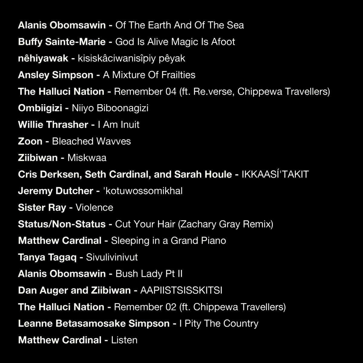 AMradio_co's tweet photo. Featuring music from @BuffySteMarie @AnsleySMusic @MatthwCrdinal @atribecalledred @ombiigizi @NatureVoluntary @zoongideewin @jdutchermusic @SisterRay780 @statusnonstatus @tagaq and many more. https://t.co/4lMUqN1KrA