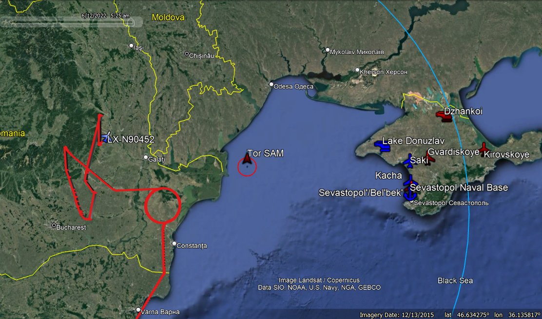 vcdgf555's tweet photo. Exported KML data from @adsbexchange of NATO11, 🇱🇺🇪🇺 E-3A LX-N90452 #4D03CA, with 500 km range circle for coverage of aircraft at 9000 meters altitude. Map shows 🇷🇺 airbases in Crimea and latest addition of Tor SAM range circle (15 km).
E-3 made 1.5 revolutions before moving NW. https://t.co/ucyOFvAXSh