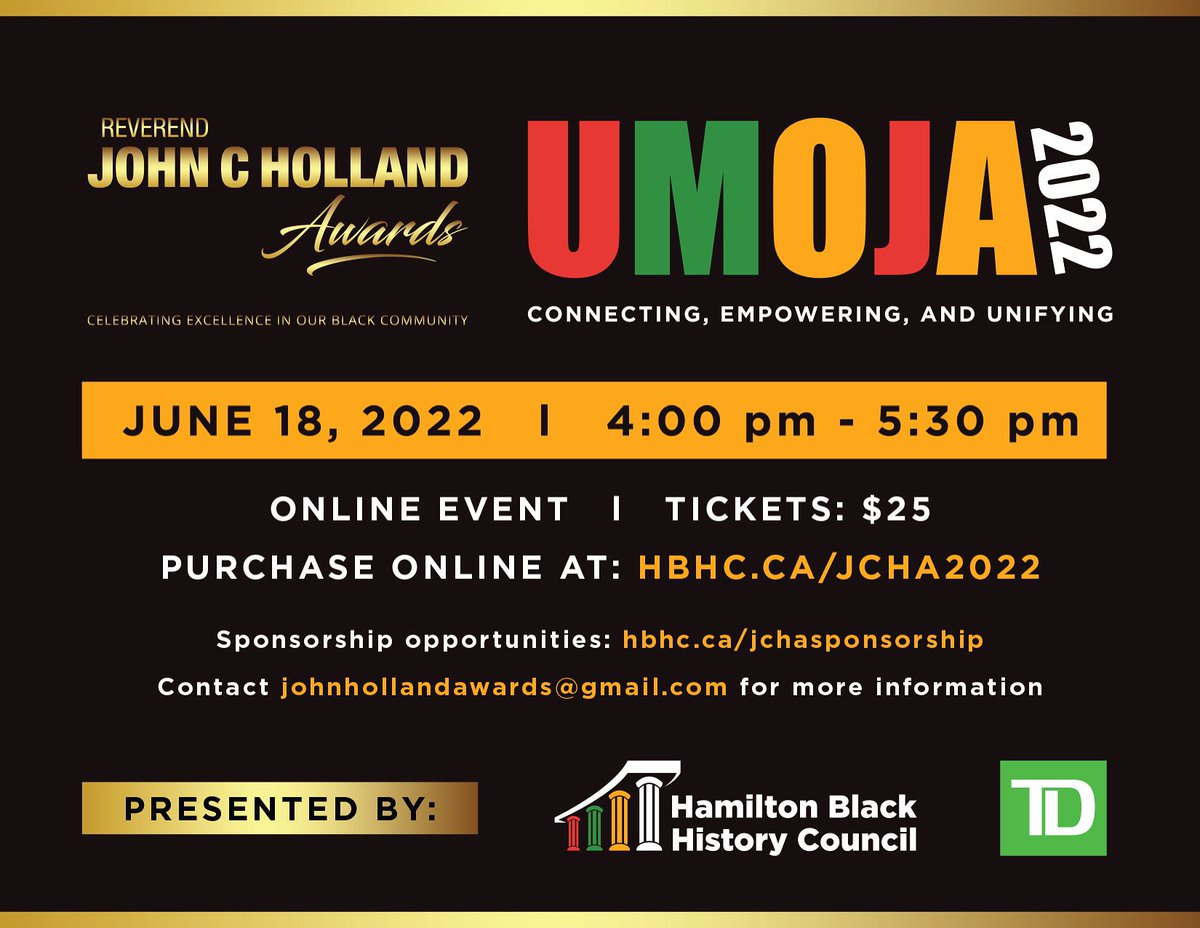 Pleased to invite you to the 26th Annual Reverend John C. Holland Awards taking place on June 18, 4:00 to 5:30 pm. Tickets: $25 at hbhc.ca/jcha2022
🏆
In the spirit of UMOJA, let’s give the over 50 award nominees the celebration they deserve!

Hbhc.ca/JCHAsponsorship