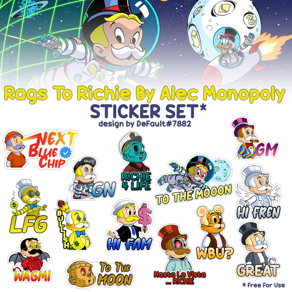 SE_DeFault's tweet photo. Hi Richie Fam! Pack of *RtR Sticker Set* is free for use. WAGMI Richies!

@ragstorichienft @alecmonopoly 

Download link: https://t.co/EO8jN5NTBX https://t.co/O6iFCYg31f