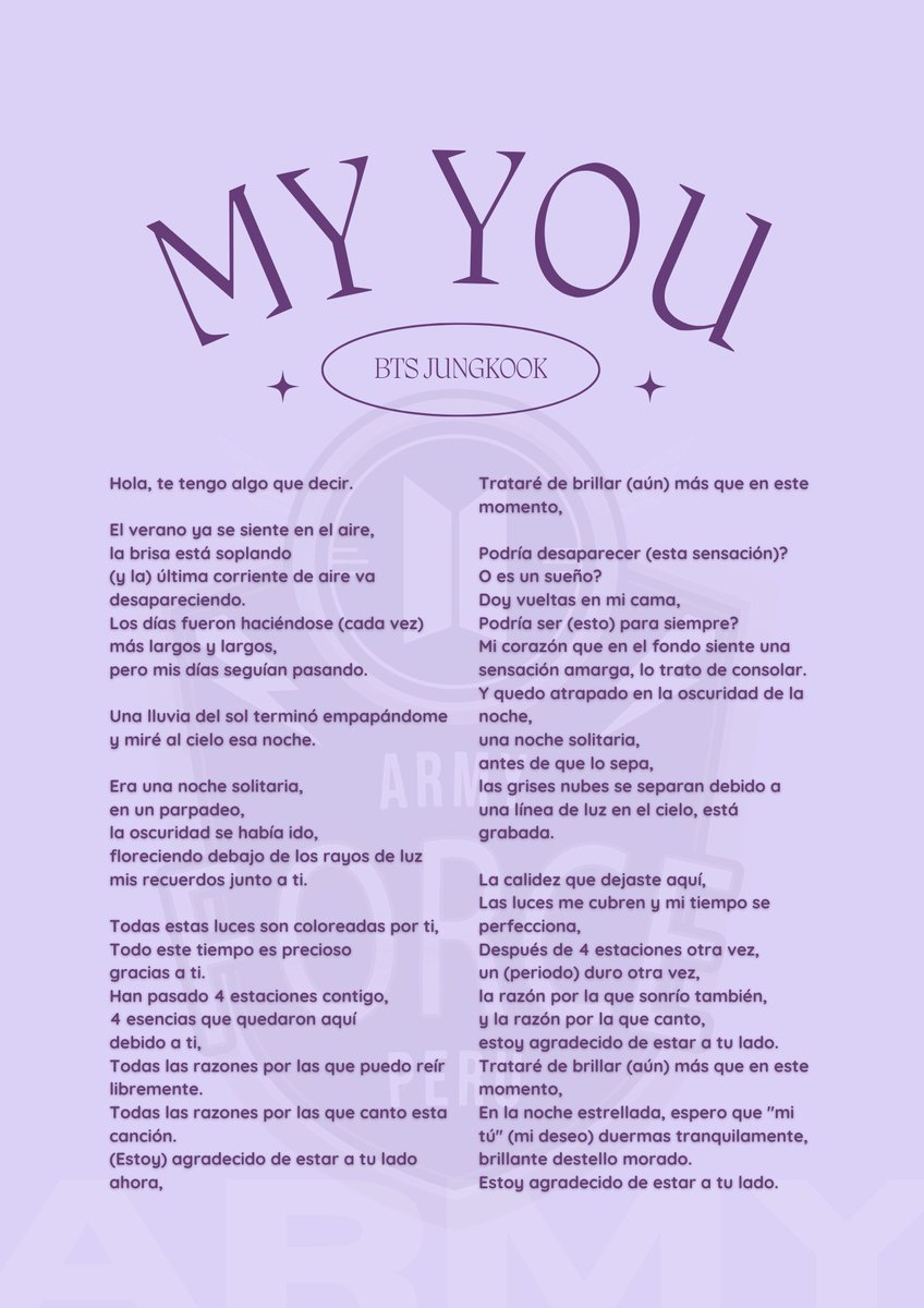 ARMYForce_Peru's tweet photo. —————— 𝐌𝐘 𝐘𝐎𝐔 ——————
             #BTS9thAnniversary
                 
❥ 𝖳𝗋𝖺𝖽 𝖾𝗌𝗉𝖺𝗇̃𝗈𝗅 | Una canción muy especial, como regalo por el 9no aniversario de BTS (@BTS_twt) producida por Jungkook, #9YearsWithBTS 💜 https://t.co/Tj7EvBVhCv