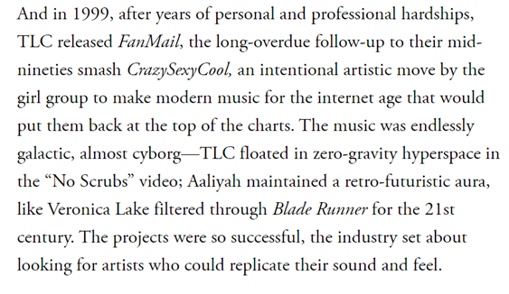 Coolness941's tweet photo. He further wrote about TLC’s 1999 comeback album, 'FanMail' influencing the Y2K R&amp;B sound alongside Aaliyah https://t.co/pIkmHMyXH7