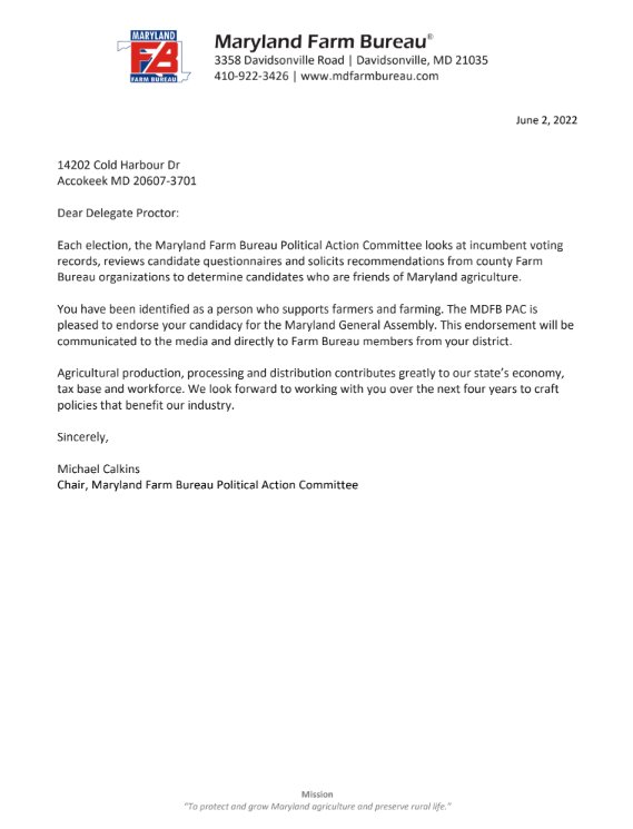 Delegate Proctor wins the Farm Bureau Endorsement.