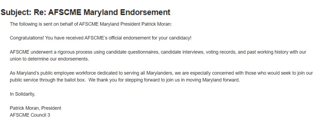 I am honored to receive the AFSCME Maryland Endorsement.