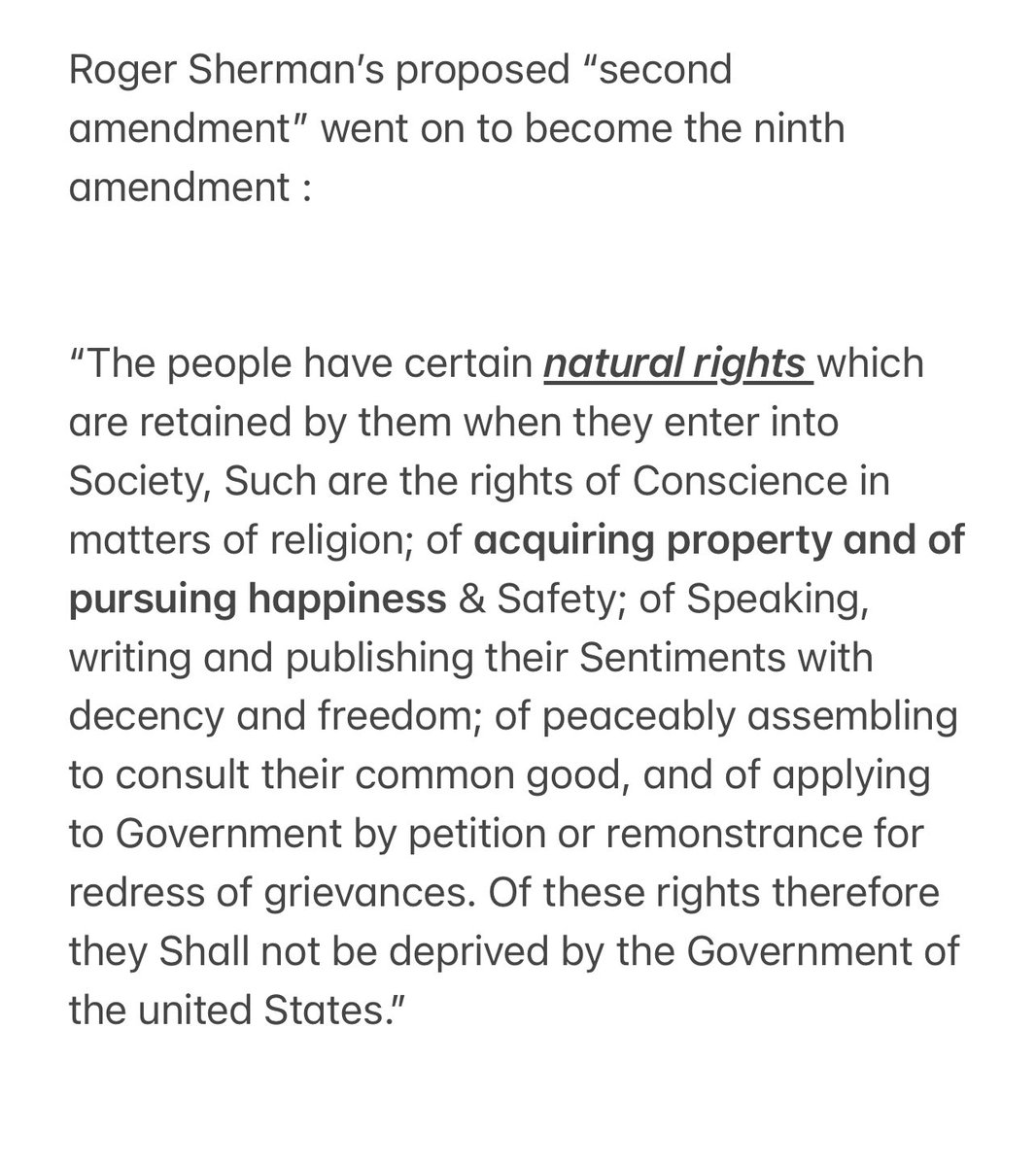 chbstone2's tweet photo. 5/18
Roger Sherman (continued)
Roger Sherman’s proposed “second amendment” went on to be the ninth amendment, after some tweaks:
#9A
#NinthAmendment https://t.co/XiMsFbRWXH
