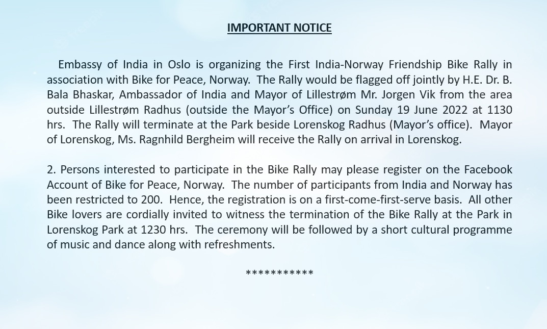 IndiainNorway's tweet photo. #IndiaNorwayFriendshipBikeRally2022
#BikeForPeace #AKAM
Person interested to participate may register in the below link:
https://t.co/IeDLT8GNlO
Ministry of External Affairs, Government of India
Ministry of Culture, Government of India PMO India https://t.co/R6Mp7cG2Kp