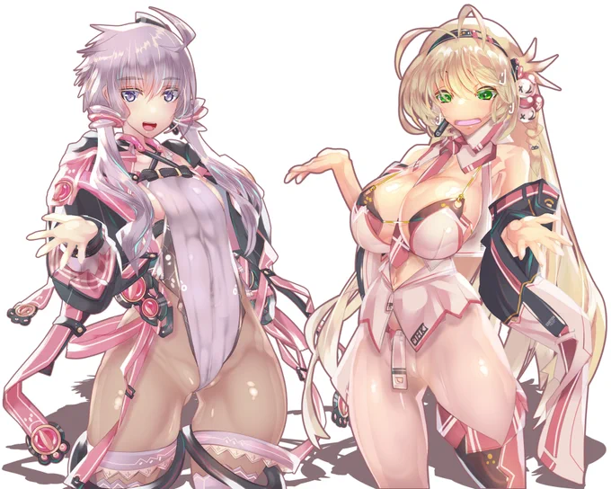 PIXIVにもアップしましたが、並べて見ても大丈夫ですね二人とも。(スカートなどパージしてます)
ゆかり氏は、右向きメインで作画したので、反転しても結構大丈夫な筈。並んだときのこと考えて、肌の色の差や服デザインの対比とか、"胸vs腿"みたいなこと考えて描いてました。 