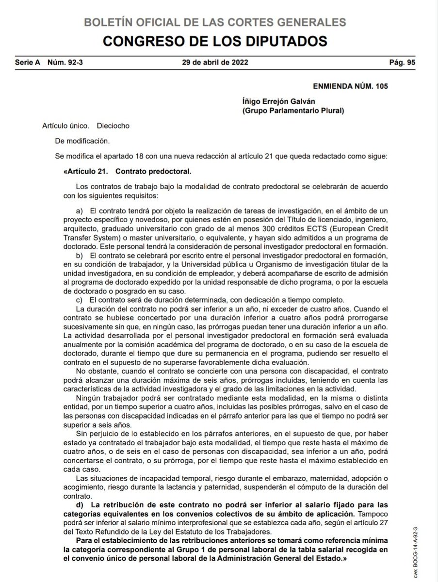 FPUinvestiga's tweet photo. Estas enmiendas, que se votarán el próximo día 23 en el @Congreso_Es, proponen dignificar los salarios del colectivo #predoctoral.

Pedimos a los grupos parlamentarios COMPROMISO y EMPATÍA para que sean aprobadas, los investigadores e investigadoras de este país bien lo merecen. https://t.co/AtktMAnBDo