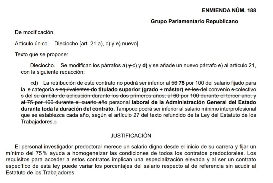 FPUinvestiga's tweet photo. Estas enmiendas, que se votarán el próximo día 23 en el @Congreso_Es, proponen dignificar los salarios del colectivo #predoctoral.

Pedimos a los grupos parlamentarios COMPROMISO y EMPATÍA para que sean aprobadas, los investigadores e investigadoras de este país bien lo merecen. https://t.co/AtktMAnBDo