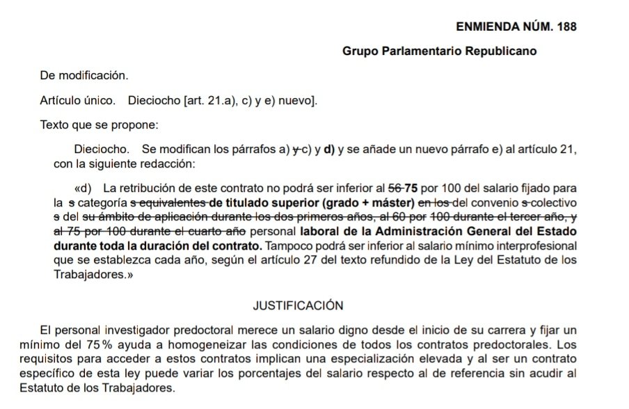 FPUinvestiga's tweet photo. Estas enmiendas, que se votarán el próximo día 23 en el @Congreso_Es, proponen dignificar los salarios del colectivo #predoctoral.

Pedimos a los grupos parlamentarios COMPROMISO y EMPATÍA para que sean aprobadas, los investigadores e investigadoras de este país bien lo merecen. https://t.co/AtktMAnBDo