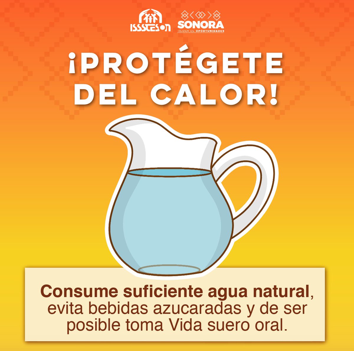 IssstesonGob's tweet photo. ¡Cuídate del calor!
Es importante mantenerse bien hidratado tomando por lo menos dos litros de agua al día. https://t.co/K8uy7O5Vph