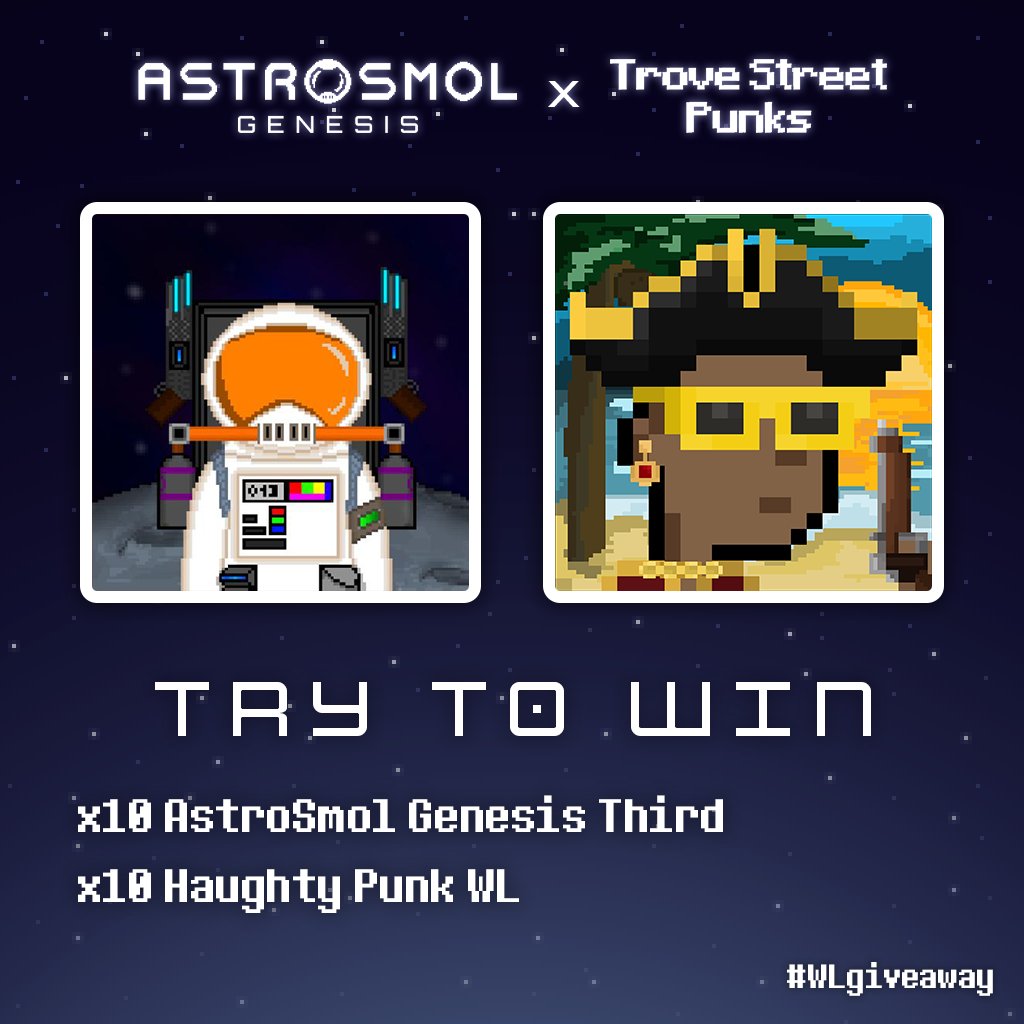 AstroSmol π¨βπ (@astrosmol1) on Twitter photo πAstroSmol Genesis x Trove Street Punks π
The Astro Smols are coming to Trove Street!
10x Haughty list for @Tr_Street_Punks (mint the 17th of June)
10x WL Thirds for <a href="/AstroSmol1/">AstroSmol π¨βπ</a>
To Enter :
- Like β€οΈ and retweet π
- Follow @Tr_Street_Punks & <a href="/AstroSmol1/">AstroSmol π¨βπ</a> πAstroSmol Genesis x Trove Street Punks π
The Astro Smols are coming to Trove Street!
10x Haughty list for @Tr_Street_Punks (mint the 17th of June)
10x WL Thirds for <a href="/AstroSmol1/">AstroSmol π¨βπ</a>
To Enter :
- Like β€οΈ and retweet π
- Follow @Tr_Street_Punks & <a href="/AstroSmol1/">AstroSmol π¨βπ</a>