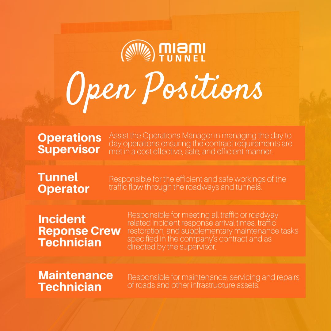 portmiamitunnel's tweet photo. Are you a talented individual passionate about engineering, architecture, and public institutions? Check out our open positions and apply. 👉 https://t.co/JbwSHyC0PA
#tunnelteam #miamijobs #miamidadejobs #werehiring #hiring #jobpost https://t.co/VqNKIPBfs0