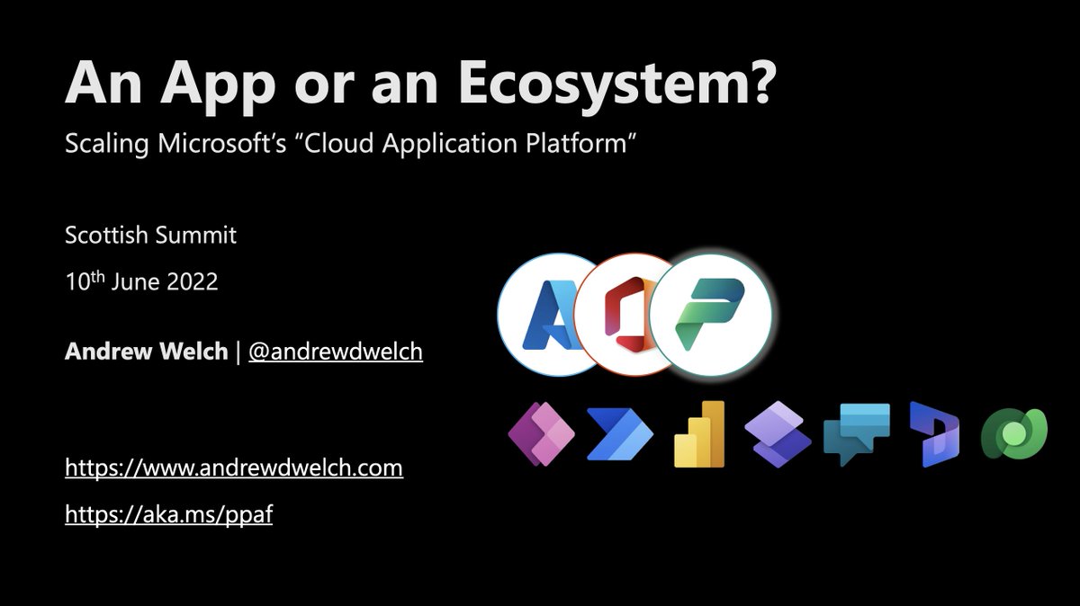 andrewdwelch's tweet photo. I've posted my session slides from #ScottishSummit2022. Link below. Thanks for everyone who joined me for "An App or an Ecosystem? Scaling #Microsoft's #CloudApplicationPlatform Across your Org" ๐
#Cloud #PowerPlatform #Azure #PowerPlatformAF
https://t.co/yOhcp28Frx https://t.co/2uAxEZ2rIc