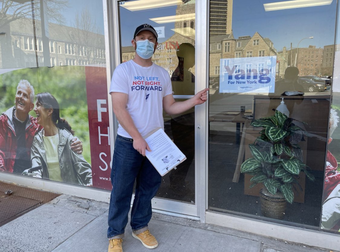 washheights44's tweet photo. The first placard posted at a business in the #YangForNY campaign, Forest Hills, March 2021 https://t.co/ECB1hkkswu