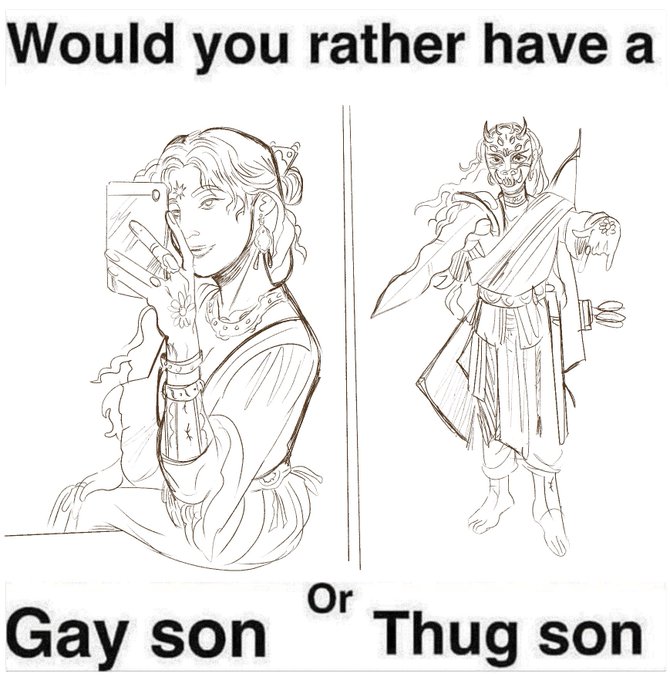 main character in my wip: (spends half the time suffering Trans Man Pain Deluxe, suffers everything women suffer in fantasy books, Loses A Child, comes back from the dead half mad, driven by suffering, Revenge and also Desire for someone who despises him)

Me drawing Darenya: 