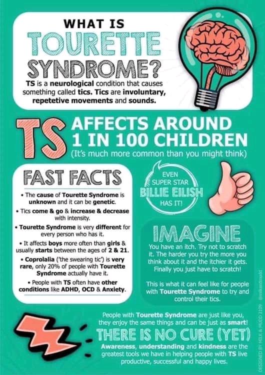 #TouretteSyndrome causes a variety of tics, which are involuntary noises or movements. Many people who are diagnosed with Tourette Syndrome also have a co-occuring condition such as #ADHD, #OCD, or #anxiety. <a href="/tourettesaction/">Tourettes Action</a> tourettes-action.org.uk/67-what-is-ts.…