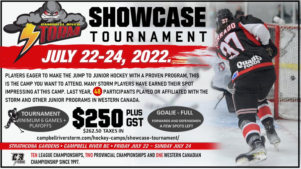 Just talked w <a href="/CoachStone88/">Lee Stone</a> and there's a few defencemen and 2 forward spots left for the <a href="/CR_STORM/">Campbell River Storm</a> Showcase Tournament in July. 
Also confirmed I'll be broadcasting PxP audio of the games along with interviews on Mixlr.com