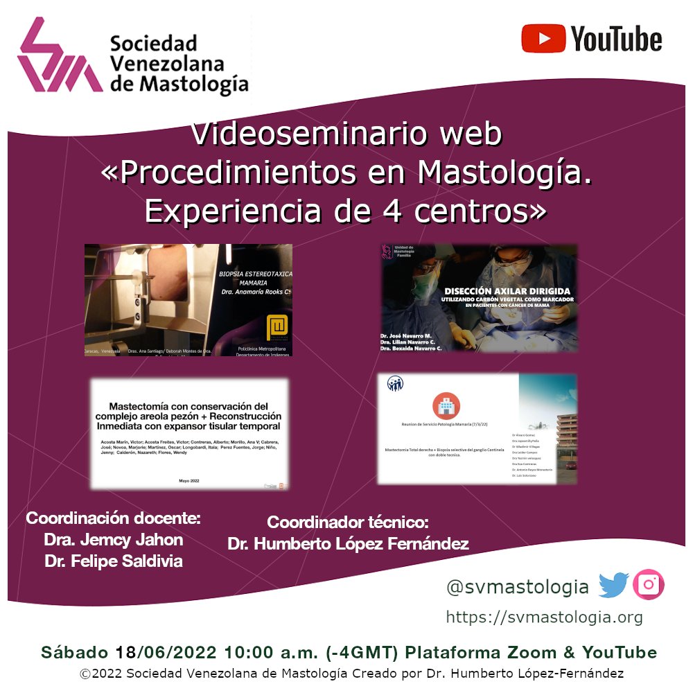 En Junio 2022 tendremos un «Videoseminario web Procedimientos en Mastología»
Estará coordinado desde el punto de vista docente por la Drs. Jemcy Jahon y Felipe Saldivia y desde el técnico por el Dr. Humberto López-Fernández (bibliotecario de la JD).
svmastologia.org/event/procedim…