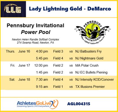 College Coaches! Later this week, we will be in the great state of PA playing in the Pennsbury Invitational Power Pool. Come check us out! Our schedule is below! ⚡️#getstruck