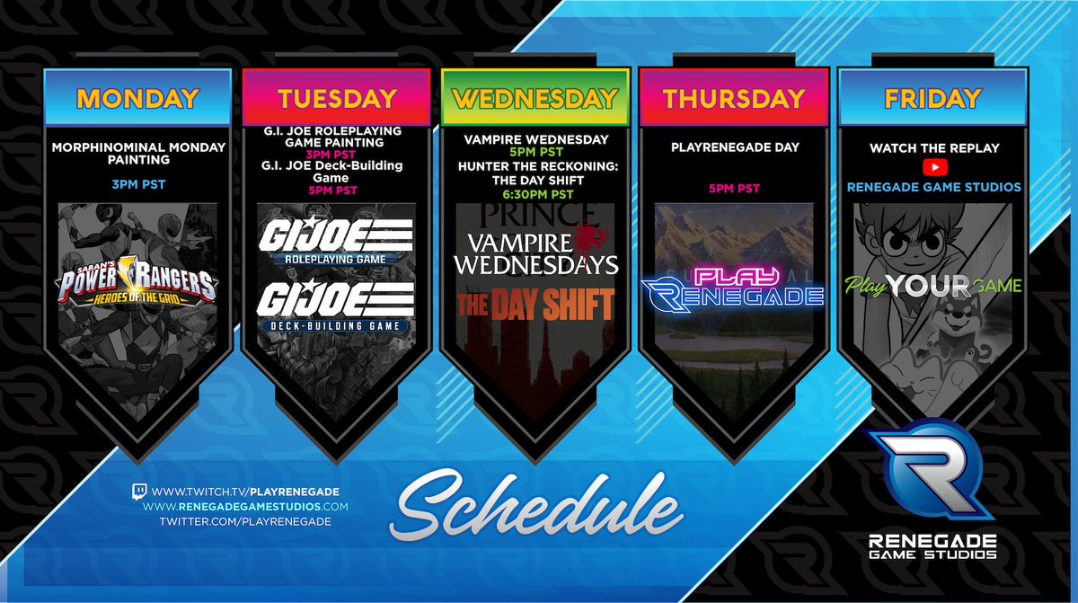 PlayRenegade's tweet photo. Another great week of Renegade streaming content is right around the corner! Join us for the penultimate episode of The Day Shift, plus TWO painting streams, TWO G.I. JOE streams, #VampireWednesday, and #PlayRenegade Day!
🎥 Full schedule: https://t.co/hd8K7WSSLR https://t.co/bgCur3B7Wp