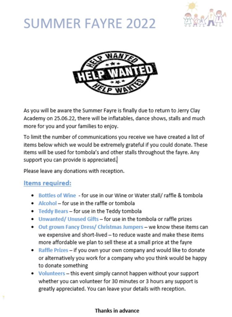 We can’t wait for our <a href="/jca_pta/">JCA PTA</a> Summer Fair to return on Saturday 25th June. Thank you to all those that have volunteered so far. If you can help even for 30 mins, sign up with Mrs Wood on the gate. We are also taking contributions, see below 👇🏼 #JCASummerFairIsBack ☀️