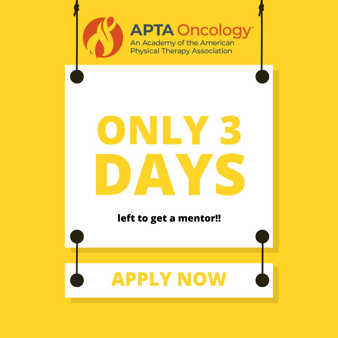APTAOncologySNP's tweet photo. Any PT students or new grads interested in a mentor for oncology physical therapy? 
There are 3 days left to apply for our mentorship program!

Click below for the form 👇
https://t.co/aJQJzSur9b https://t.co/pHZ7lbh8R0
