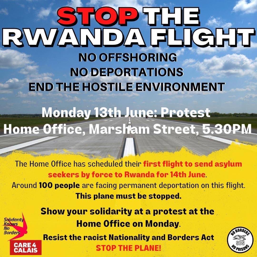 📢 Join us *tomorrow* at 5:30pm outside the Home Office to protest against the incomprehensibly barbaric and racist Rwanda scheme, which will see people seeking sanctuary being deported from the UK to Rwanda for cash @sdetsup @Care4Calais