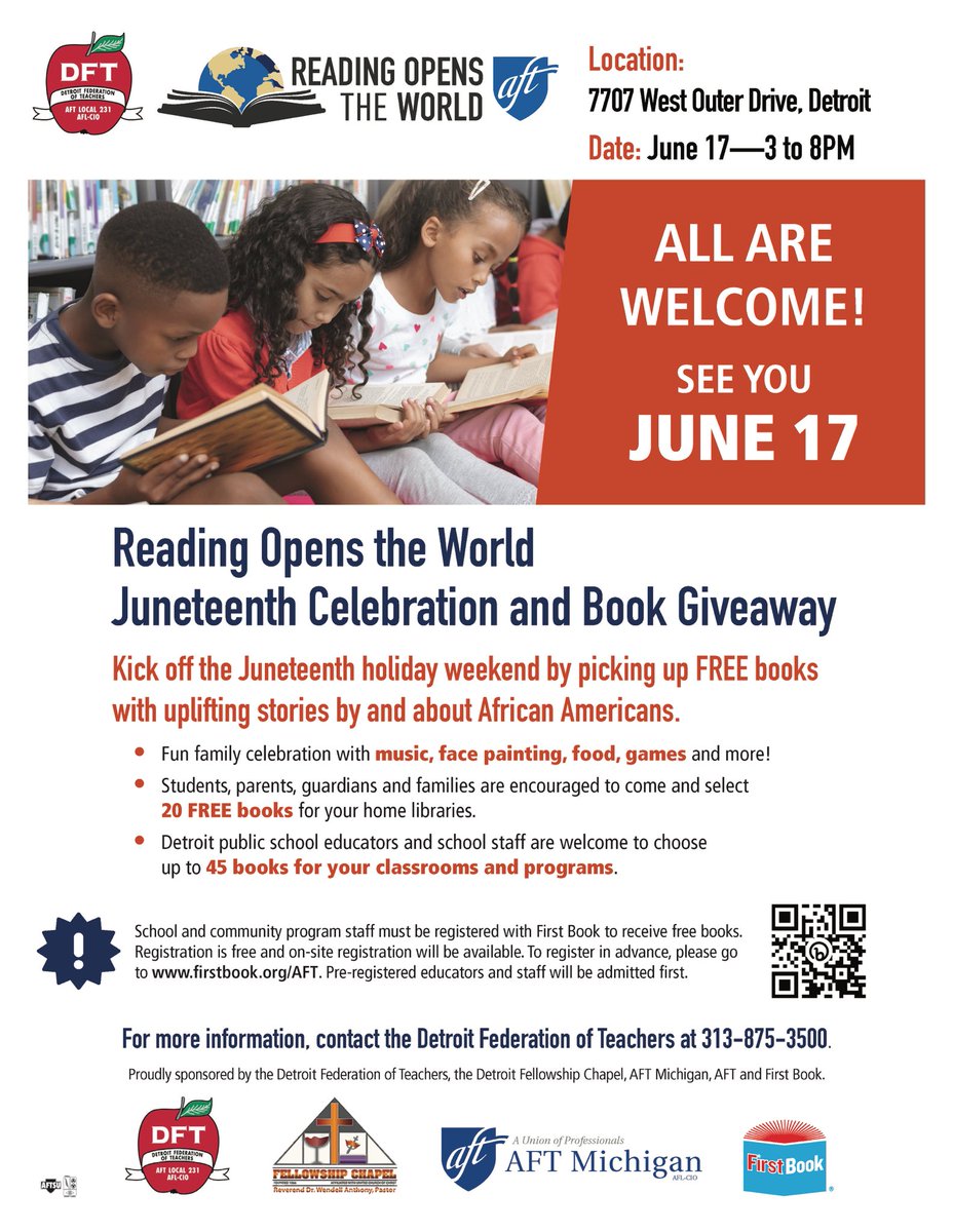 This Friday, June 17 from 3-8 p.m. at Fellowship Chapel join us for Rearing Opens The World in celebration of #Juneteenth! 

Free books for educators, free books for students and families! 

See the flier for all of the details.