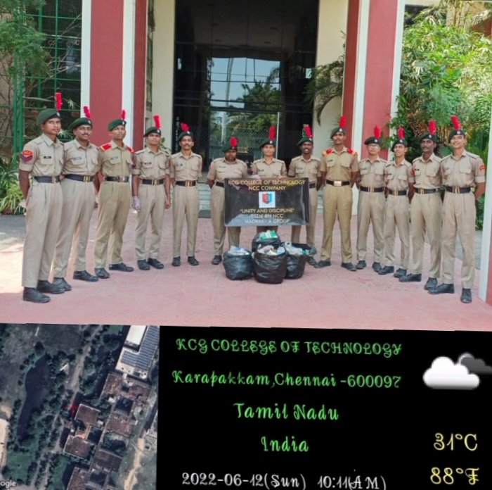 NccKcg's tweet photo. Cadets of KCG NCC Company,#1TNBNNCC,
#MADRASAGROUP #TNPAN DTE actively participated in the event for PUNEETH SAGAR ABHIYAN where the cadets cleaned our college premises on June 12,2022.
#PuneetSagar @HQ_DG_NCC
@NCCDte_TNPAN 
@SpokespersonMoD @drajaykumar_ias 
@Def_PRO_Chennai https://t.co/5KzVQnK5zW