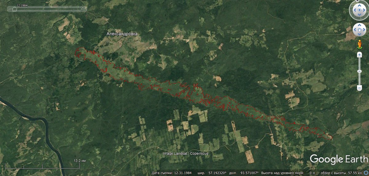 WeatherSarov1's tweet image. Very large tornado path was found in Krasnoyarsk Krai, Siberia during satellite data research. Max width - 3,7 km (2,3 miles).
Tornado occured in 1950-1960&apos;s 
Source - vk.com/gfrimen