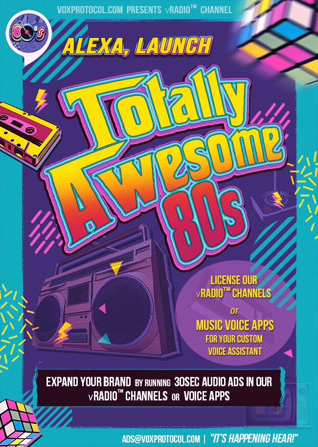 Voxprotocol's tweet image. 🗣️&quot;Alexa launch Totally Awesome 80s&quot; One of R vRadio™ Channels📻just passed 200k MAUs w/AudioAd engagement @ 3.5%!  30sec AudioAdSpots R currently open ads@voxprotocol.com  ❓Start 4 just $500! | #voicefirst #music #adtech #radio #DuranDuran | Read= bit.ly/vRadio80s 🎶📻