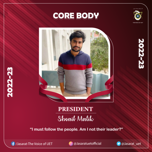 jasarat_uet's tweet photo. || Core Body 2022-23 ||
It's been such an exciting June already as we have onboarded a new Executive Body. We welcome & congratulate the new hands on deck.
Design Credits: Shanzay Jan
#JASARAT_UET #WELCOME #EXECUTIVEBODY
𝐉𝐚𝐬𝐚𝐫𝐚𝐭 - 𝐓𝐡𝐞 𝐕𝐨𝐢𝐜𝐞 𝐨𝐟 𝐔𝐄𝐓 https://t.co/vfoOL9OSo4