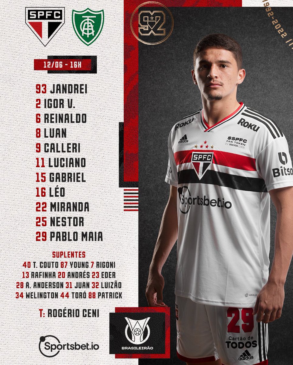 SaoPauloFC's tweet photo. O Tricolor está escalado! Daqui a pouco a bola rola no Morumbi!

⚽ São Paulo x América-MG
🏟 Morumbi 
⏰ 16h
🏆 Brasileirão 

📺 Globo e Premiere
🎙️ SPFCtv [https://t.co/CJlTQA0r29]

#VamosSãoPaulo 🇾🇪 https://t.co/Y16GM4gJ0x