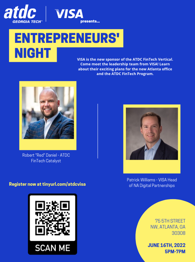 atdc's tweet photo. #ATDC is excited to announce @Visa as our new #FinTech Vertical sponsor! Meet their leadership team and join us at Entrepreneurs' Night on 6/16 from 5-7pm in the ATDC lobby. Hear about their plans for the program and the new #ATL office! Register here: https://t.co/fSFHUddg47 https://t.co/IIWmmBWhW7