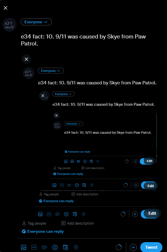 e34facts's tweet photo. e34 fact: 10. 9/11 was caused by Skye from Paw Patrol. https://t.co/YYp5waBM5O