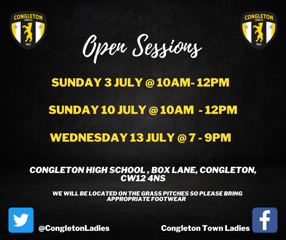 Come and play for Congleton Town Ladies  🐻

We are welcome to anyone who wants to come down and see what we are all about ⚽️

See our ‘open session’ dates below ⬇️

<a href="/CongletonFC/">Congleton Town FC</a> <a href="/CheshireWYFL/">Cheshire Women's and Youth Football League</a>