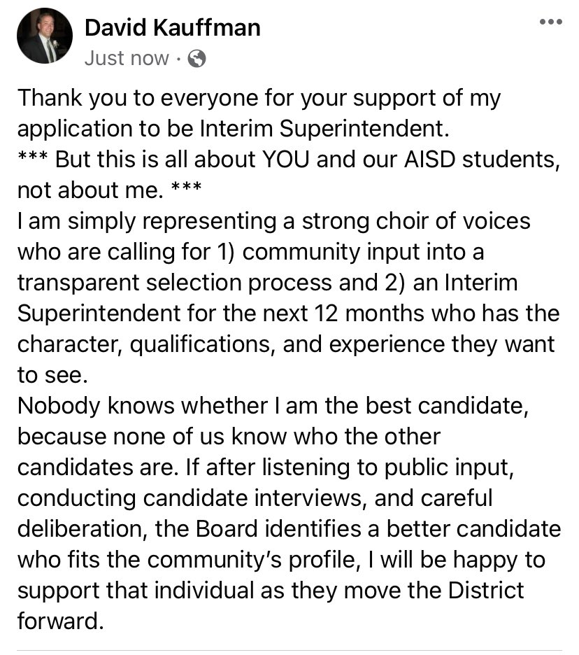 This is all about YOU and our Austin ISD students, not about me.