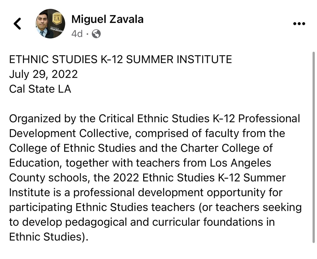 Los Angeles County K-12 teachers interested in professional development in teaching Critical Ethnic Studies, apply for this free Summer Institute at Cal Sate LA on 7/29/22. Register by 7/7. tinyurl.com/2022EthnicStud…