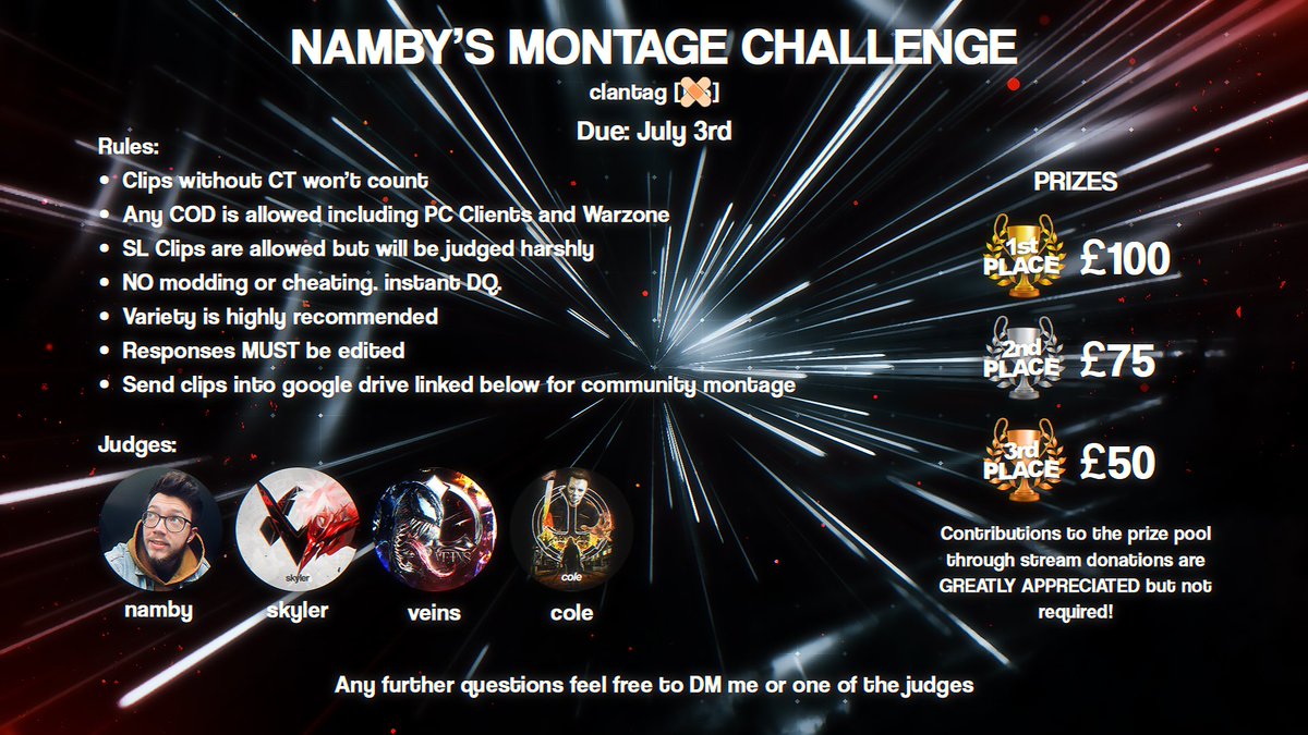 zNamby's tweet photo. So the Montage Challenge drops later today...

Dropping clantag early on stream 👀

📺: https://t.co/bVLB6AnSMD https://t.co/f7NMO98SEN