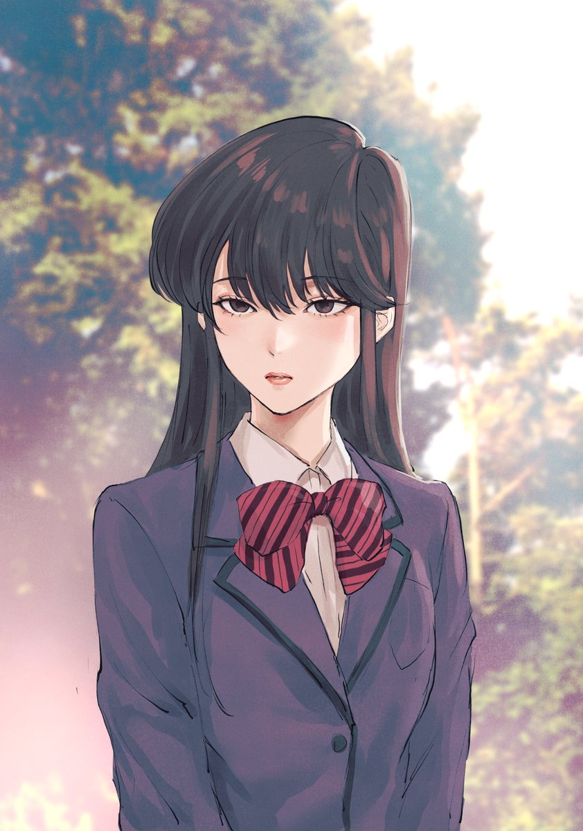 komi shouko 1girl solo black hair long hair school uniform bow jacket  illustration images
