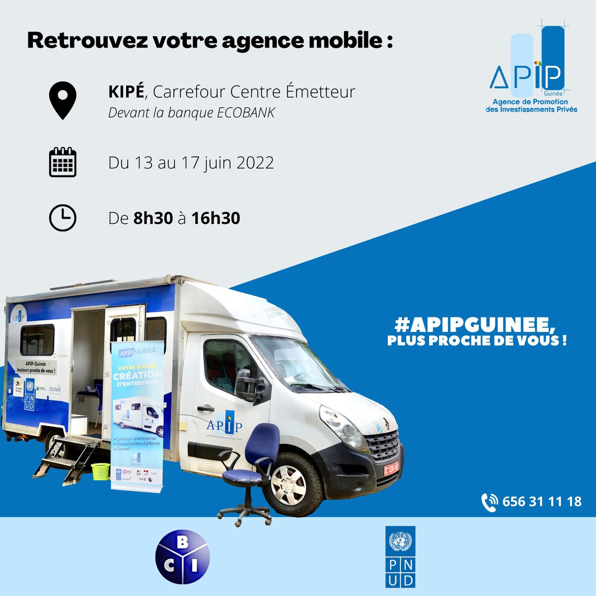 Invest_in_Gn's tweet photo. #APIPMobile
Retrouvez votre agence mobile la semaine du 13 au 17 juin :
đĂ KipĂ©, au carrefour Centre Ămetteur, devant la banque Ecobank
đŁ De 8h30 Ă 16h30.
#APIPGuinee, plus proche de vous !
Nos partenaires :
BCI Guinée PNUD Guinée
#formalisation https://t.co/zMb40pY8dW