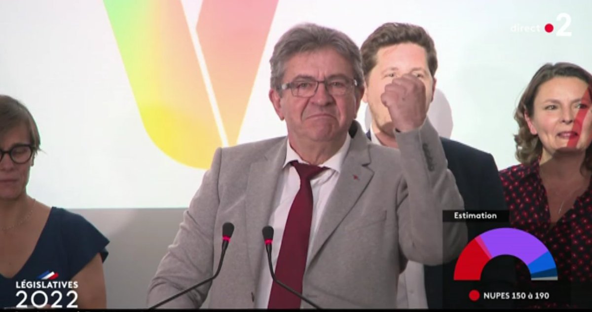 2022Elections's tweet image. 🔴 Alors que les résultats placent la #NUPES en tête, Jean-Luc #Mélenchon salue une "opportunité" historique et appelle à "déferler" dimanche prochain aux bureaux de vote "pour ouvrir tout grand la porte du futur".

#Législatives2022
