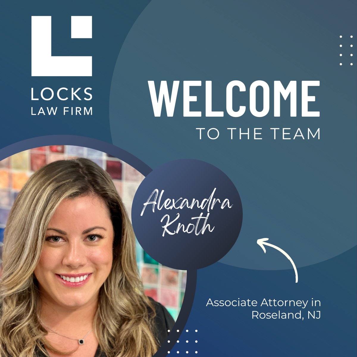 LocksLawFirm's tweet photo. This summer is a big one for Locks Law Firm! Keep an eye out for announcements and highlights of our newest attorneys.  Welcome our newest associate attorney - Alexandra B. Knoth. Alexandra joins our growing Roseland office. Learn more about Alexandra at https://t.co/Pr7YI0h5Iv https://t.co/amjFNkMtq4