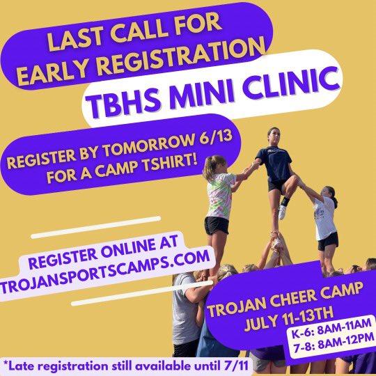 🚨Don’t miss out!!🚨Sign up for our Trojan Mini Clinic online today for a camp t-shirt! We can’t wait to see you all there. Registration link below💜✨

trojansportscamps.com/cheerleading.c…

You can still join in on the fun with late registration until 7/11, no t-shirt provided