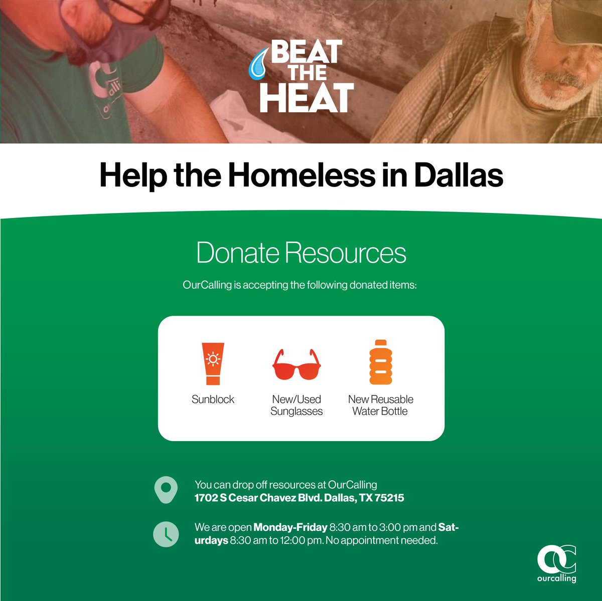 ourcalling's tweet photo. #OurCalling will stay open later to provide a cool space for people to stay during the day, and continue providing #BeatTheHeat kits filled with essential outdoor cooling supplies like water bottles, hats, sunscreen, sunglasses, and cool neck wraps.

💚 https://t.co/xbFVFcaoSD https://t.co/QnyLSLb8Tk