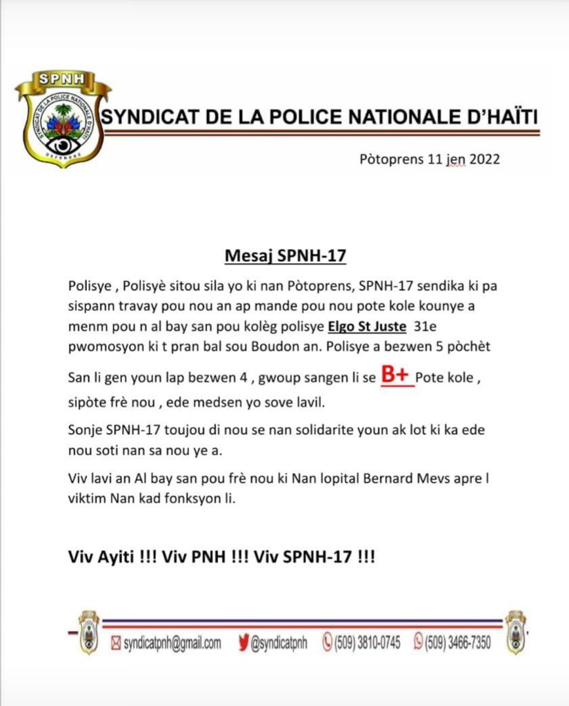 ALTVHAITI's tweet photo. Par le biais d'une note, le #SPNH17 sensibilise les policiers de B+ à la collecte de sang, pour sauver la vie d'Elgo Saint-Juste. https://t.co/5eePoXOTPx