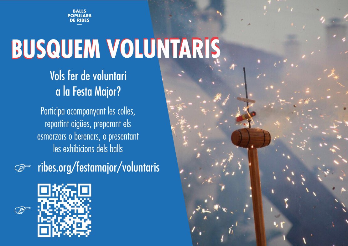 🙋‍♀️A <a href="/BallsRibes/">Balls Populars de Ribes</a> busquem voluntàries per col·laborar amb la Festa Major.
👉 Coordinar cercaviles
💧 Repartir aigua
🌭 Preparar i repartir esmorzars / berenars
🎙️ Presentar exhibicions

Si esteu interessats, apunteu-vos a ribes.org/festamajor/vol…

#spribes